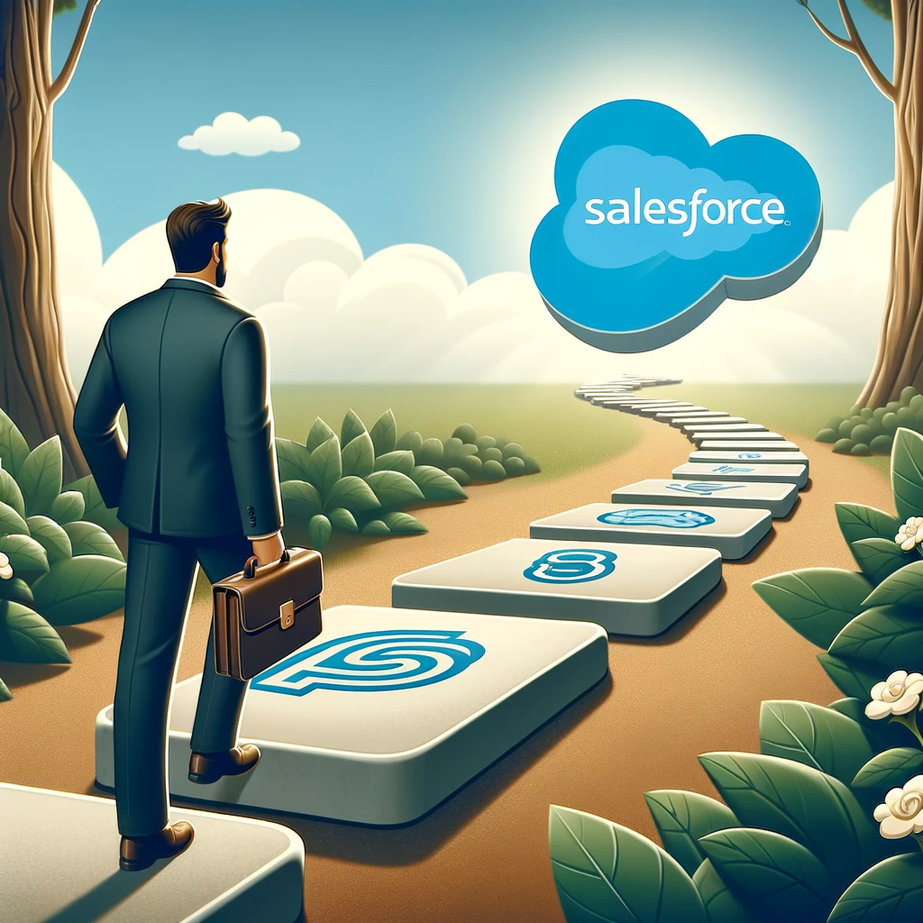 A pathway with stepping stones leading towards a Salesforce logo, symbolizing the journey of preparation for Salesforce certification.