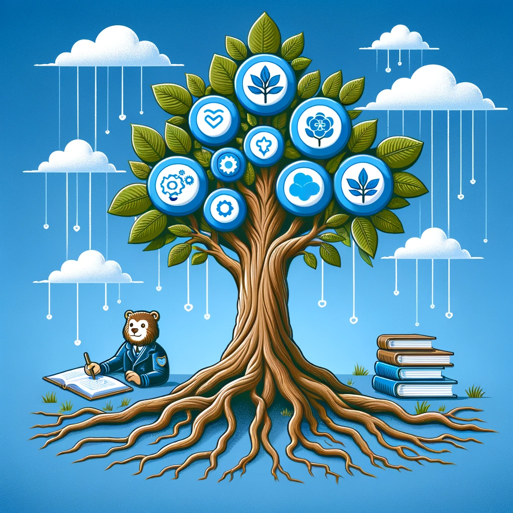A tree with strong roots and growing branches, symbolizing career growth and development through Salesforce certification