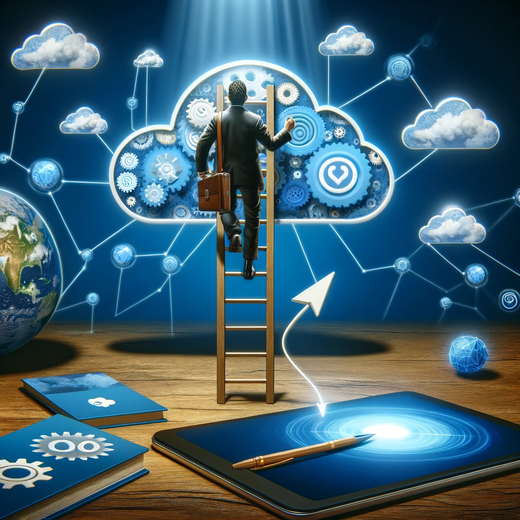 An abstract concept showing a figure climbing a ladder towards a cloud symbolizing Salesforce