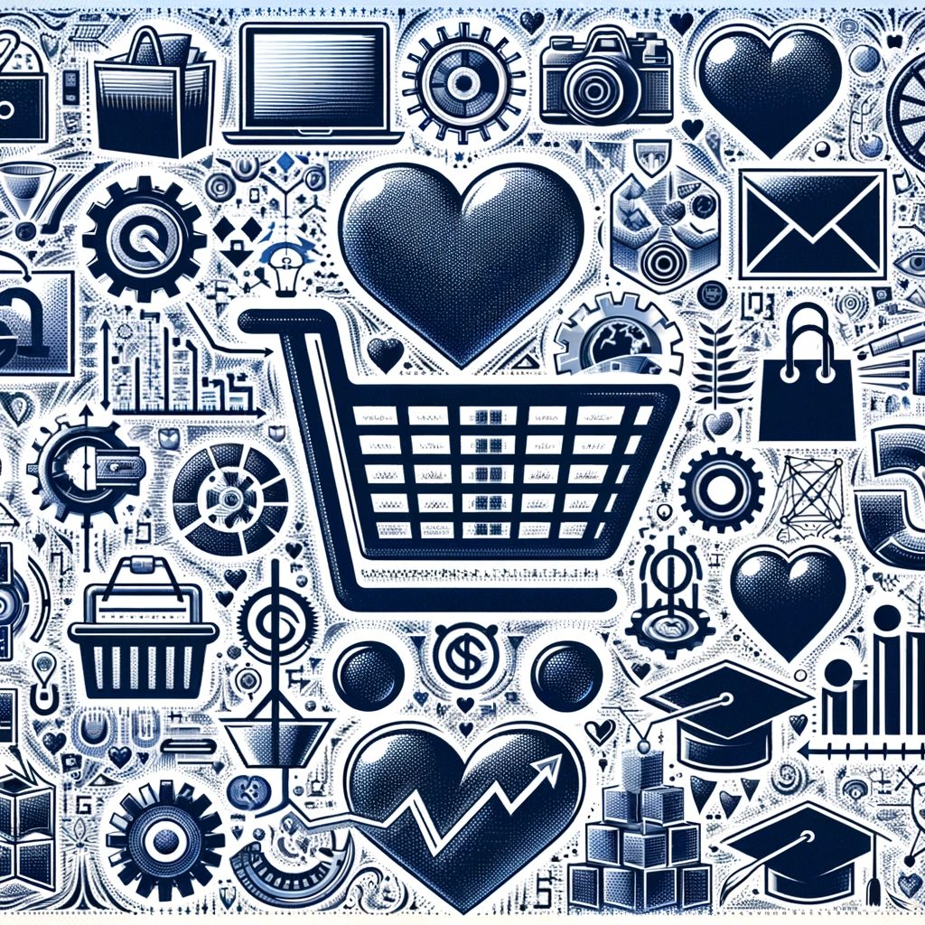Un collage de divers symboles industriels tels qu'un panier, un cœur et un chapeau de fin d'études, représentant les secteurs du commerce électronique, des organisations à but non lucratif et de l'éducation.