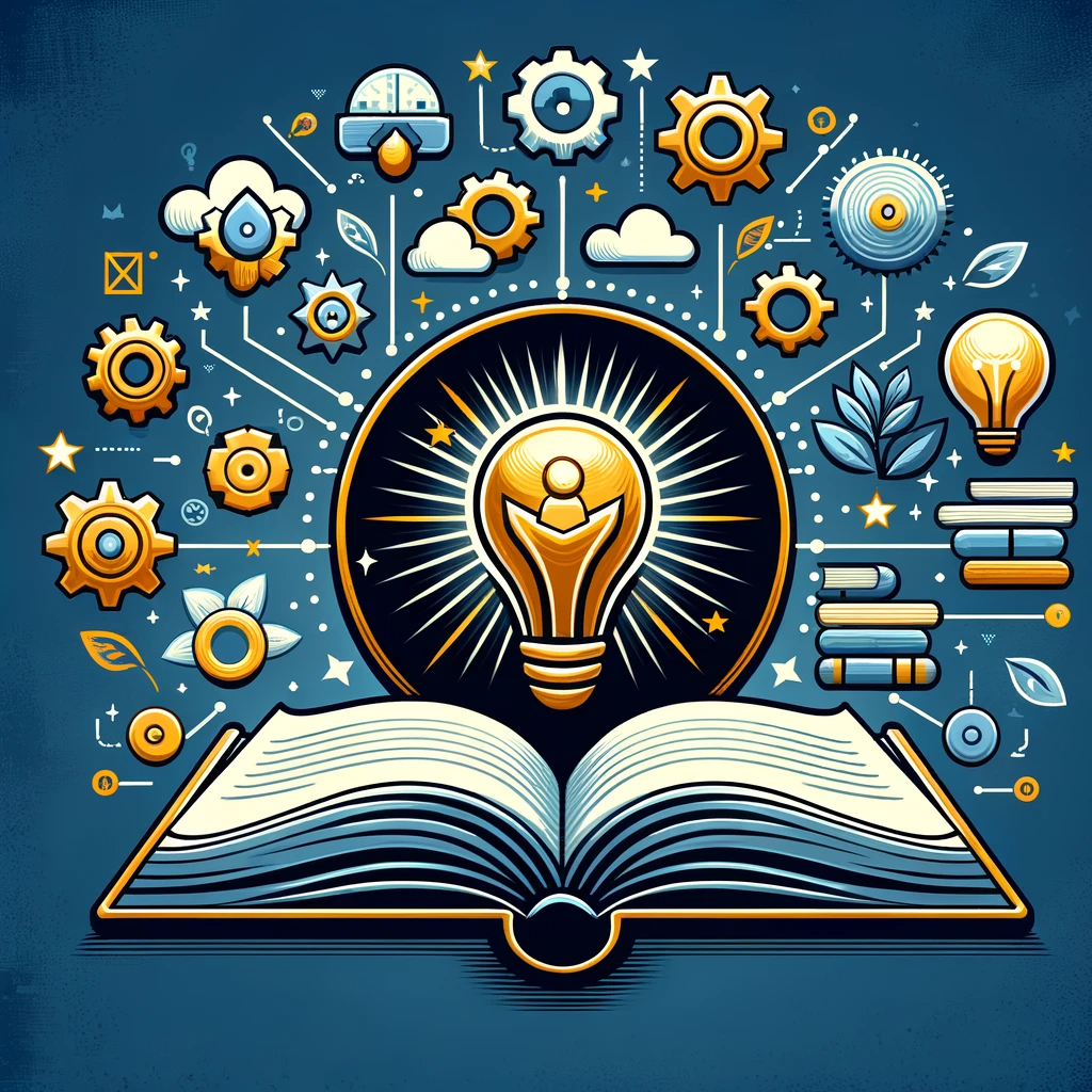 Un livre ouvert avec des icônes symboliques de la connaissance et de l'apprentissage, représentant l'acquisition de compétences et d'informations.