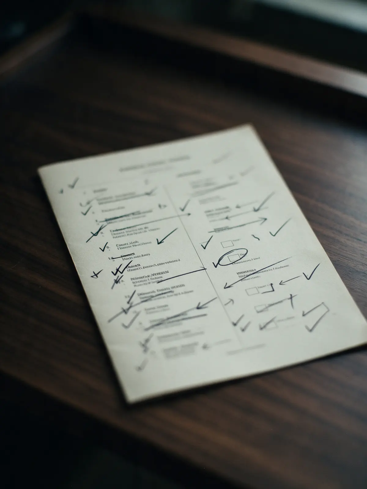 A sheet of paper on a wooden desk, covered in handwritten ticks and crossings-out