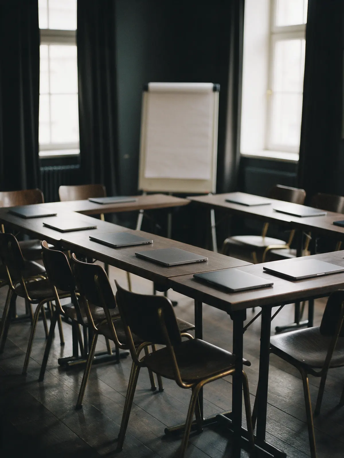 An empty training room with tables, closed laptops and a paper flipchart