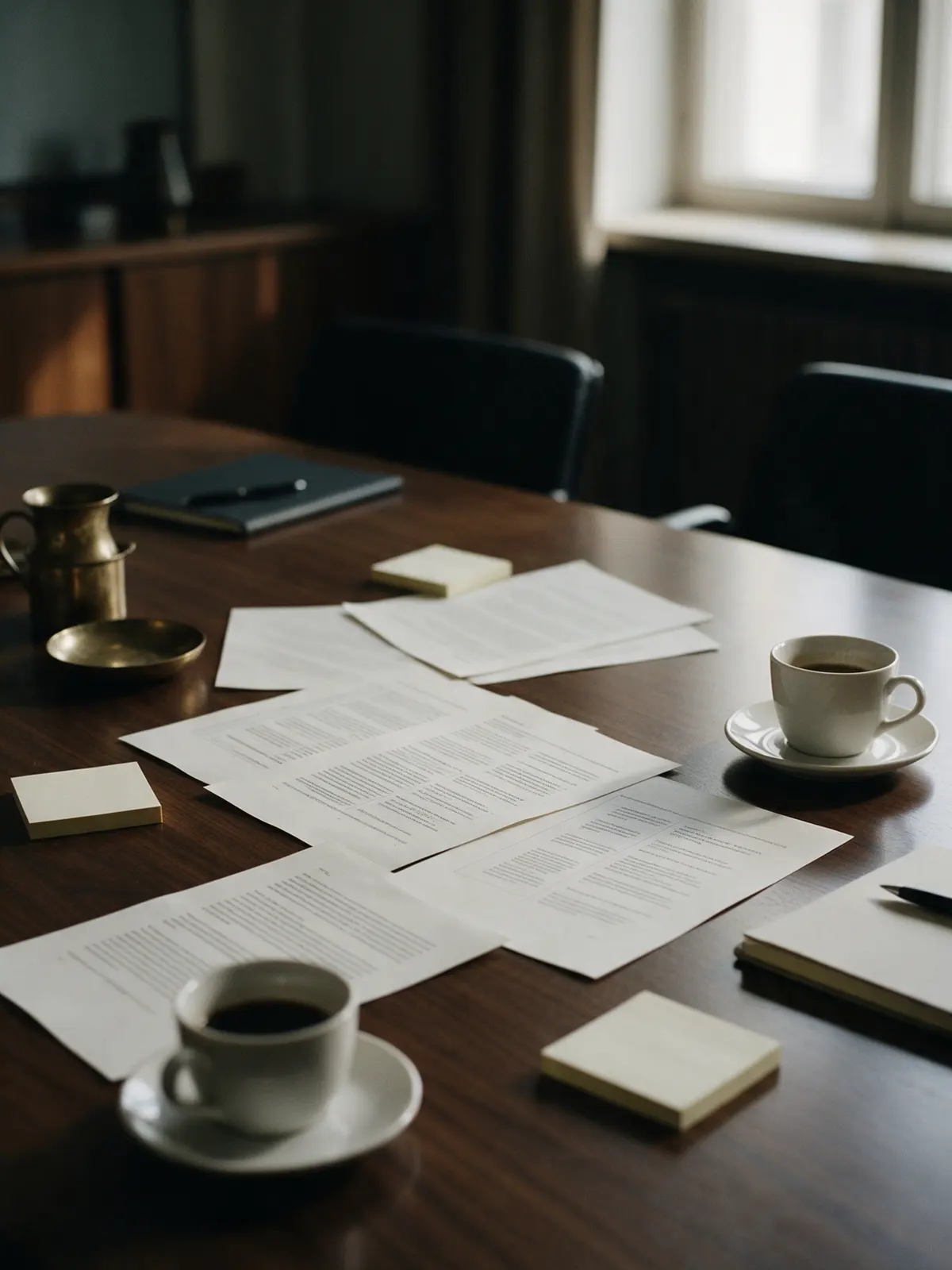 A meeting table with printed documents, sticky notes and coffee cups, empty chairs behind it